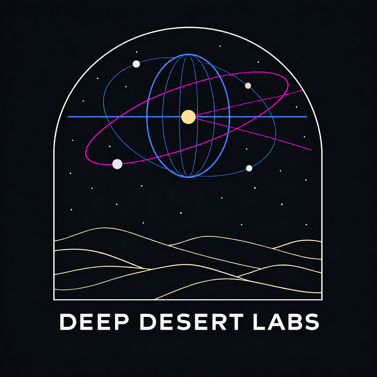 Deep Desert Labs observatory logo: optical orbits and a pale sun above sand dunes